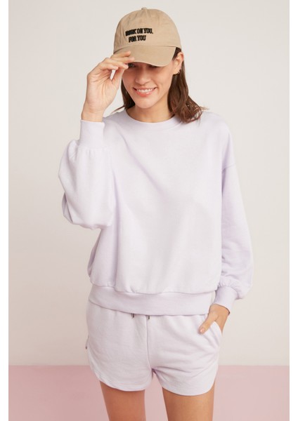 Ethiquet Sahra Kadın İçi Polarlı Yumuşacık Oversize Yuvarlak Yaka Lila Sweatshirt