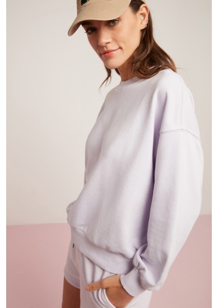 Ethiquet Sahra Kadın İçi Polarlı Yumuşacık Oversize Yuvarlak Yaka Lila Sweatshirt