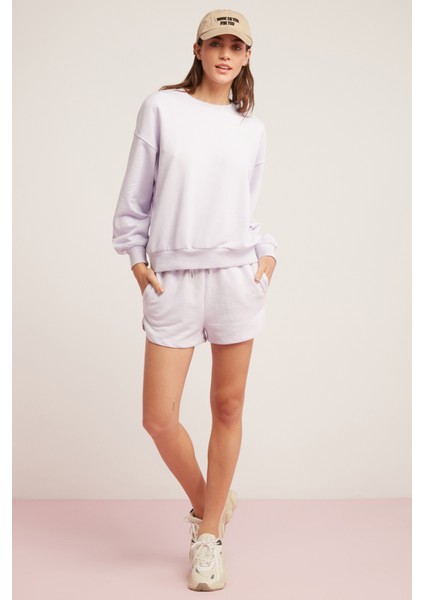 Ethiquet Sahra Kadın İçi Polarlı Yumuşacık Oversize Yuvarlak Yaka Lila Sweatshirt