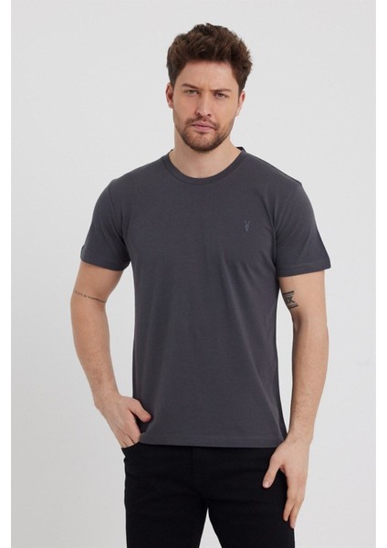 Erkek Füme Slim Fit Bisiklet Yaka Kısa Kollu Pamuklu Tişört - Füme