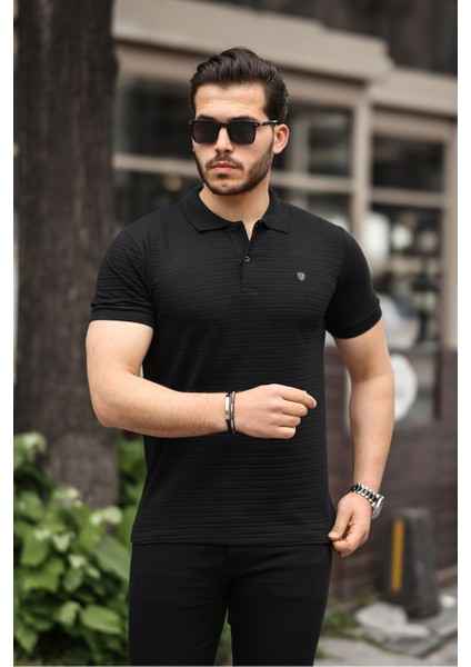 Erkek %100 Pamuklu Kumaş Slim Fit Kesim Siyah Polo Yaka T-Shirt - Siyah