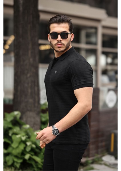Erkek %100 Pamuklu Kumaş Slim Fit Kesim Siyah Polo Yaka T-Shirt - Siyah fiyatları