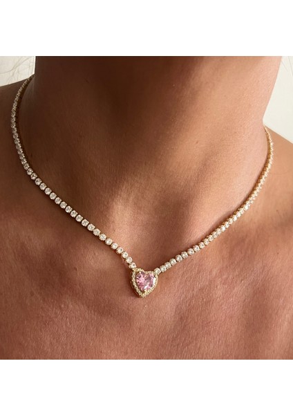 Kararmaz Çelik/ Zirkon Pembe Taşlı Kalp Suyolu Kolye