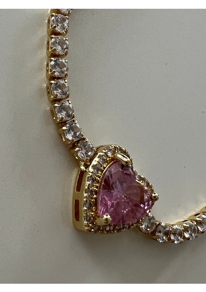 Kararmaz Çelik/ Zirkon Pembe Taşlı Kalp Suyolu Kolye