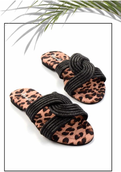 Siyah Leopar Taşlı Kadın Terlik K04192176087