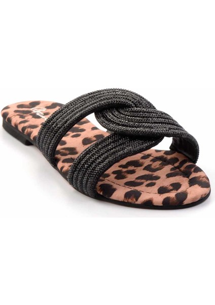 Siyah Leopar Taşlı Kadın Terlik K04192176087 modelleri