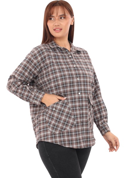 Ekose Dokuma Cepli Büyük Beden Kadın Gömlek