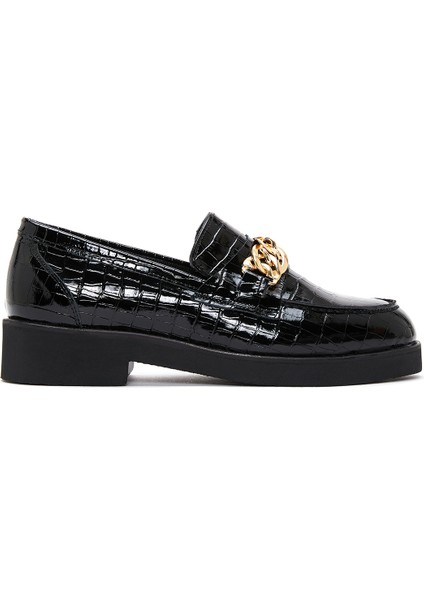 Kadın Siyah Kroko Desenli Zincir Detaylı Deri Maskülen Loafer 24WFD1300E3