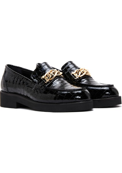 Kadın Siyah Kroko Desenli Zincir Detaylı Deri Maskülen Loafer 24WFD1300E3 modelleri