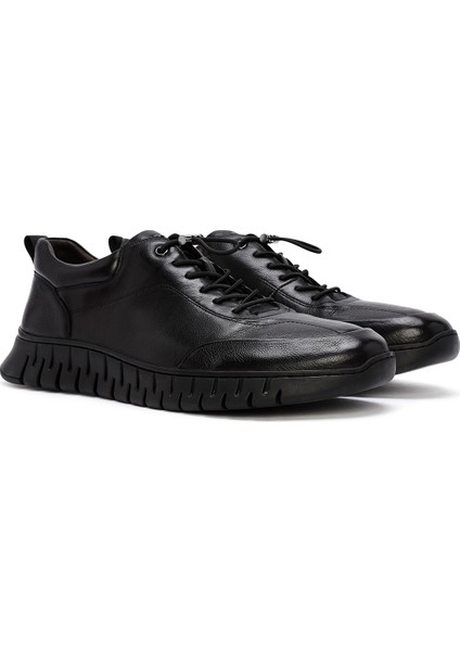 Erkek Siyah Bağcıklı Deri Casual Sneaker 24WFD692718
