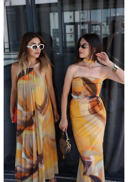 Desenli Tül Crop Etek Takım