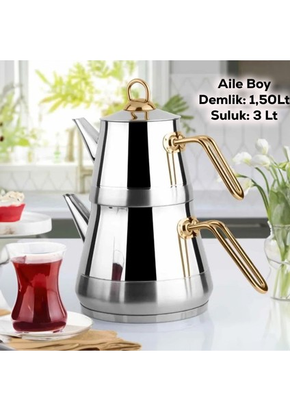 Piramit Gold Metal Kulplu Kendinden Süzgeçli Aile Boy Çelik Çaydanlık