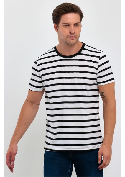 Siyah Çizgili Erkek Slim Fit Kesim Bisiklet Yaka Kısa Kollu T-Shirt - Siyah