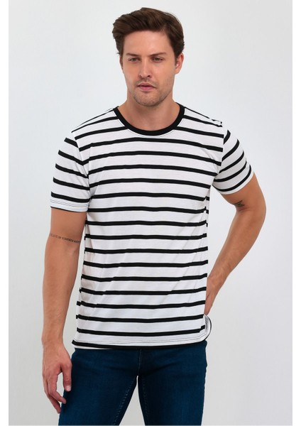 Siyah Çizgili Erkek Slim Fit Kesim Bisiklet Yaka Kısa Kollu T-Shirt - Siyah fiyatları