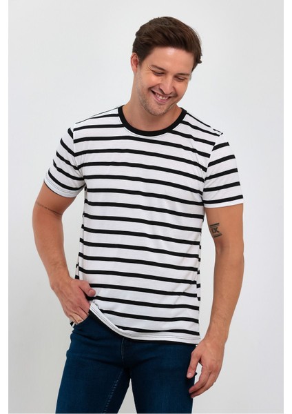 Siyah Çizgili Erkek Slim Fit Kesim Bisiklet Yaka Kısa Kollu T-Shirt - Siyah modelleri