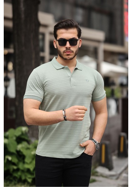 Erkek Pamuklu Kumaş Slim Fit Kesim Çağla Polo Yaka T-Shirt - Çağla