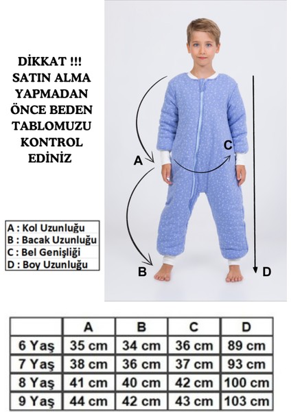 Erkek Çocuk Uyku Tulumu 6-9 Yaş Kalın Elyaf Dolgulu Premium Kalite 2.5 Tog