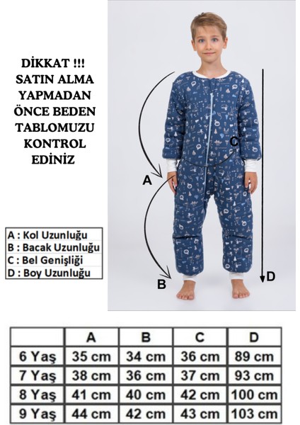 Erkek Çocuk Uyku Tulumu 6-9 Yaş Kalın Elyaf Dolgulu Premium Kalite 2.5 Tog
