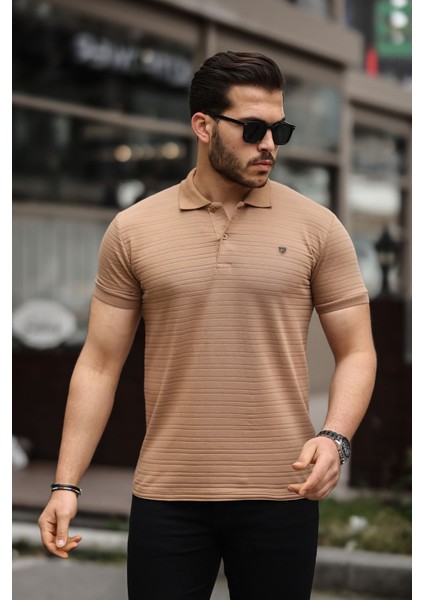 Erkek Pamuklu Kumaş Slim Fit Kesim Karamel Polo Yaka T-Shirt - Karamel
