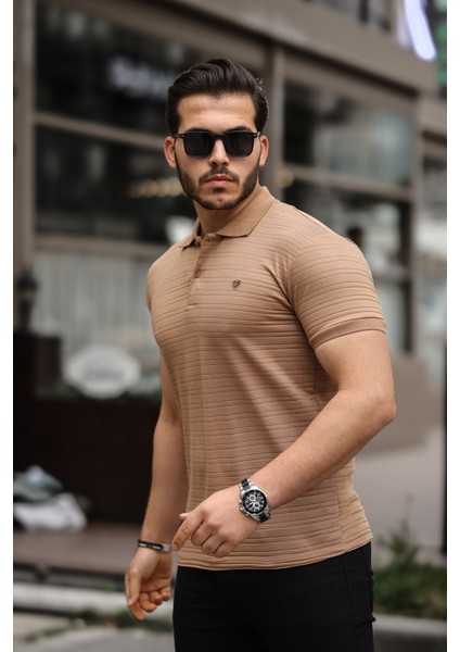 Erkek Pamuklu Kumaş Slim Fit Kesim Karamel Polo Yaka T-Shirt - Karamel fiyatları