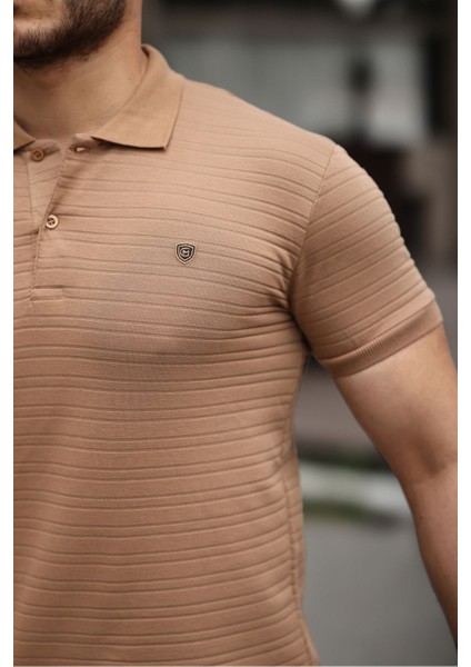 Erkek Pamuklu Kumaş Slim Fit Kesim Karamel Polo Yaka T-Shirt - Karamel modelleri