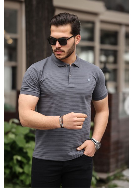 Erkek Pamuklu Kumaş Slim Fit Kesim Füme Polo Yaka T-Shirt - Füme