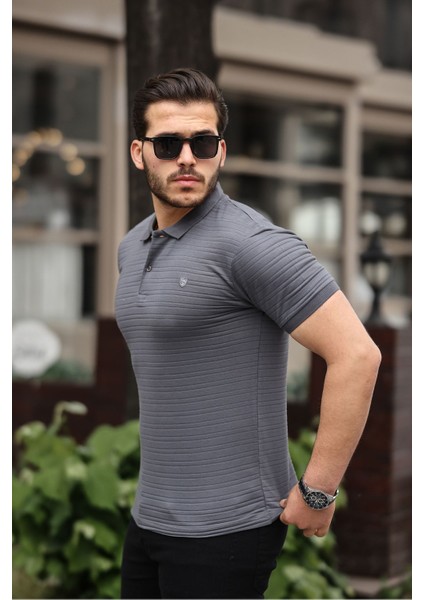 Erkek Pamuklu Kumaş Slim Fit Kesim Füme Polo Yaka T-Shirt - Füme fiyatları
