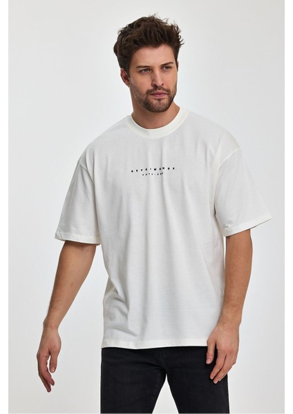 Reprimande Erkek Oversize Fit Kalın Kumaşlı Bisiklet Yaka T-Shirt - Ekru