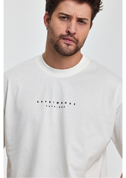 Reprimande Erkek Oversize Fit Kalın Kumaşlı Bisiklet Yaka T-Shirt - Ekru indirimleri