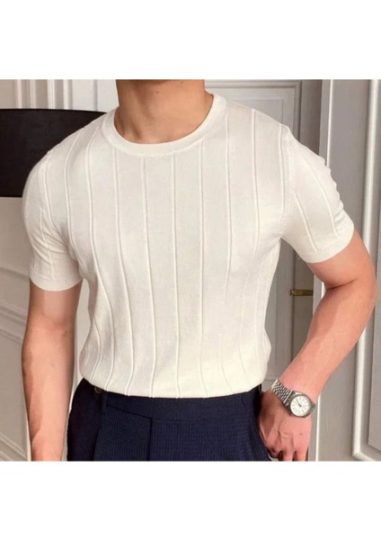 Beyaz Bisiklet Yaka Triko Erkek T-Shirt - Beyaz