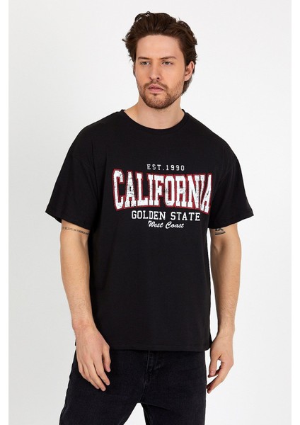 Siyah Baskılı Bisiklet Yaka Oversize T-Shirt - Siyah