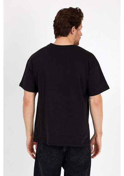Siyah Baskılı Bisiklet Yaka Oversize T-Shirt - Siyah fırsatları