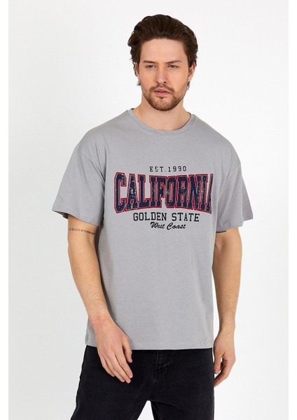 Gri Baskılı Bisiklet Yaka Oversize T-Shirt - Gri