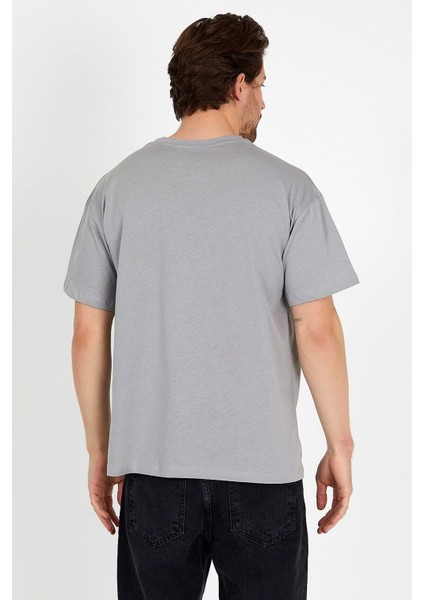 Gri Baskılı Bisiklet Yaka Oversize T-Shirt - Gri fırsatları