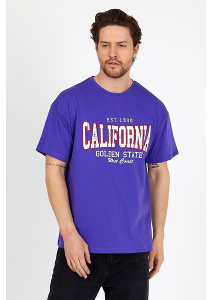 Mor Baskılı Bisiklet Yaka Oversize T-Shirt - Mor