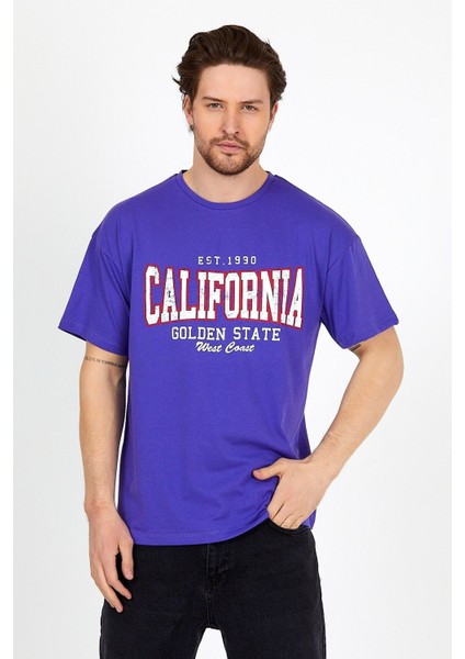 Mor Baskılı Bisiklet Yaka Oversize T-Shirt - Mor fiyatları