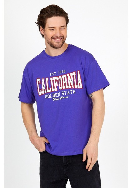 Mor Baskılı Bisiklet Yaka Oversize T-Shirt - Mor modelleri