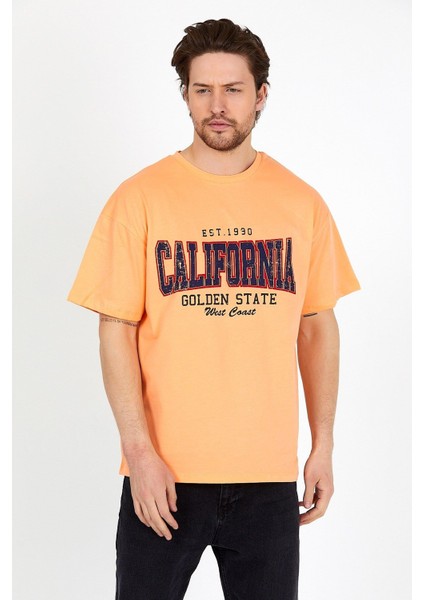 Somon Baskılı Bisiklet Yaka Oversize T-Shirt - Somon