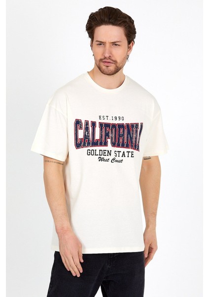 Krem Baskılı Bisiklet Yaka Oversize T-Shirt - Krem