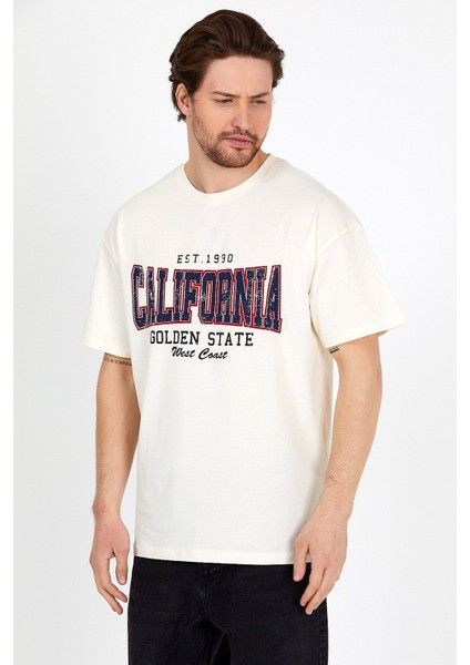 Krem Baskılı Bisiklet Yaka Oversize T-Shirt - Krem fiyatları