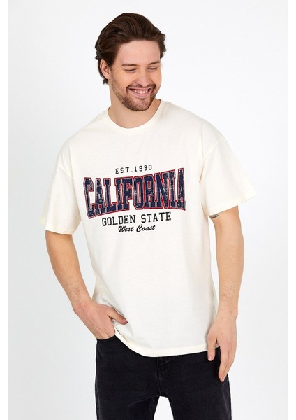 Krem Baskılı Bisiklet Yaka Oversize T-Shirt - Krem modelleri