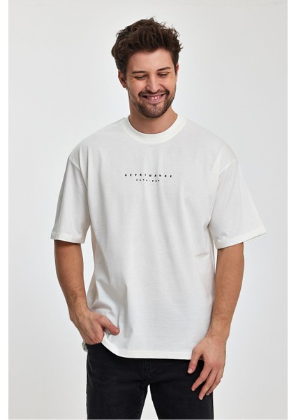 Reprimande Erkek Oversize Fit Kalın Kumaşlı Bisiklet Yaka T-Shirt - Ekru