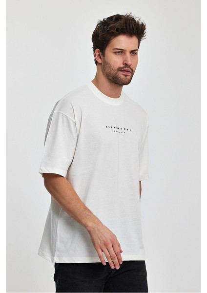 Reprimande Erkek Oversize Fit Kalın Kumaşlı Bisiklet Yaka T-Shirt - Ekru