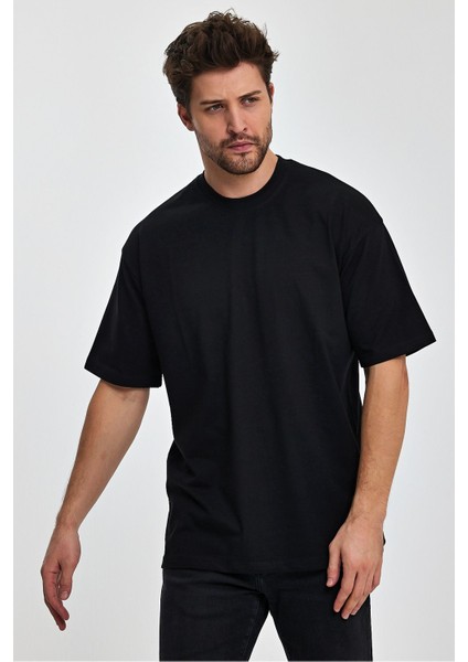 Erkek Oversize Fit Kalın Kumaş Dokulu Bisiklet Yaka T-Shirt - Siyah