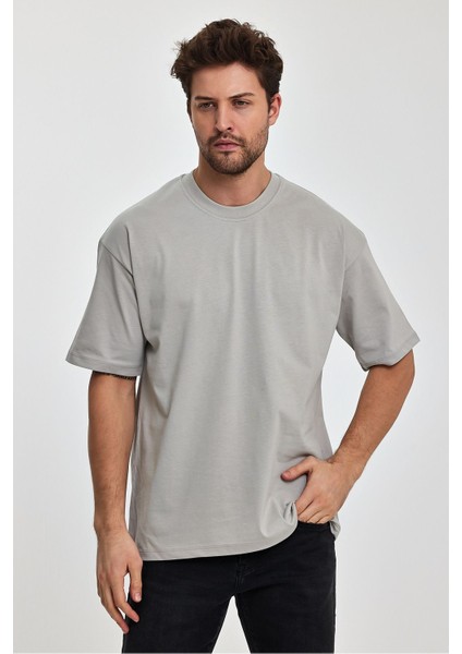 Erkek Oversize Fit Kalın Kumaş Dokulu Bisiklet Yaka T-Shirt - Grı