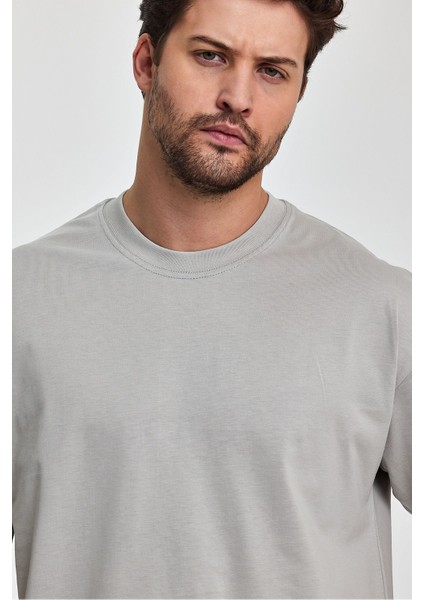 Erkek Oversize Fit Kalın Kumaş Dokulu Bisiklet Yaka T-Shirt - Grı fiyatları