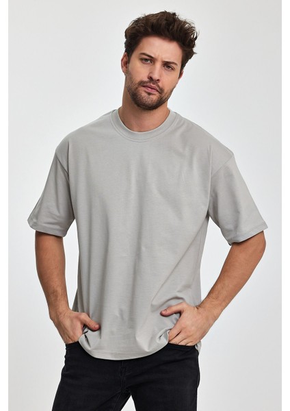 Erkek Oversize Fit Kalın Kumaş Dokulu Bisiklet Yaka T-Shirt - Grı modelleri