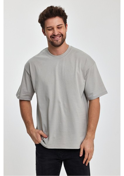 Erkek Oversize Fit Kalın Kumaş Dokulu Bisiklet Yaka T-Shirt - Grı indirimleri