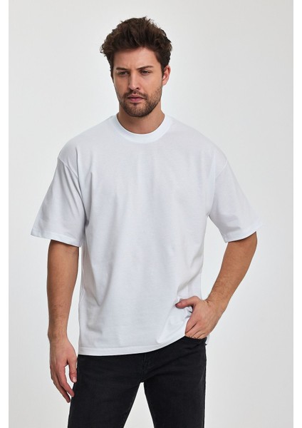 Erkek Oversize Fit Kalın Kumaş Dokulu Bisiklet Yaka T-Shirt - Beyaz fiyatları