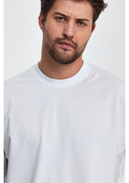 Erkek Oversize Fit Kalın Kumaş Dokulu Bisiklet Yaka T-Shirt - Beyaz modelleri